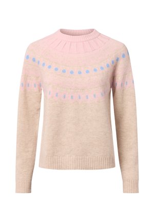 Hellebeiger Pullover mit geripptem Rundhalsausschnitt, langen Ärmeln und bunten kreisförmigen sowie zickzackförmigen Mustern in Pink und Blau. Weiche Textur.