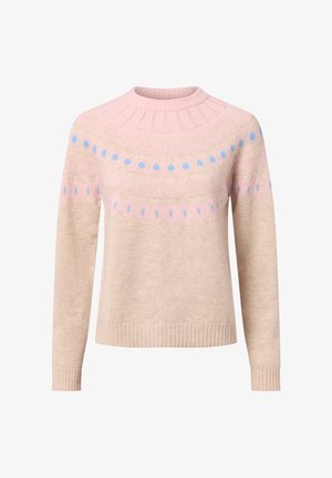 Hellebeiger Pullover mit geripptem Rundhalsausschnitt, langen Ärmeln und bunten kreisförmigen sowie zickzackförmigen Mustern in Pink und Blau. Weiche Textur.