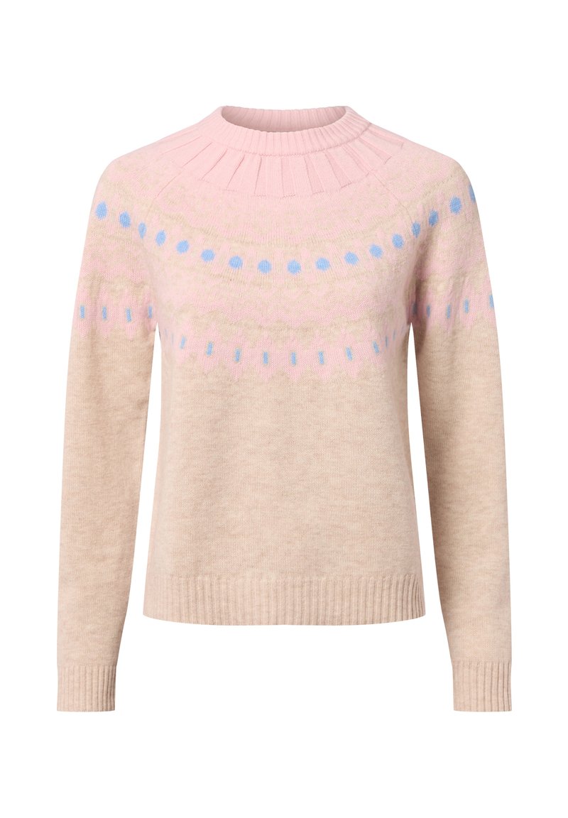 Hellebeiger Pullover mit geripptem Rundhalsausschnitt, langen Ärmeln und bunten kreisförmigen sowie zickzackförmigen Mustern in Pink und Blau. Weiche Textur.