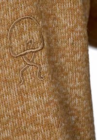 Stickad tröja i varma bruna nyanser med ett strukturerat mönster. Har en broderad design av en svamp i en ljusare nyans.