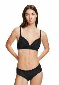 Black lingerie set featuring a lace-trimmed, triangle bra with adjustable straps and matching high-waisted panties. Smooth texture.