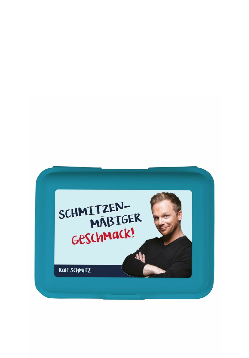 Lunch box blu in plastica con coperchio, dotata di un'etichetta colorata con il testo "SCHMITZEN-MÄBIGER GESCHMACK!" e un'immagine di un uomo.