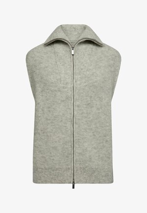 Light grey sleeveless sweater vest, ribbed texture, high collar, full zipper front, soft knit material, clean lines, minimal design.