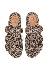 Leopard print sandals with two wide straps, made of soft material. Features a tan leather insole with embossed logo detail. Flat sole.