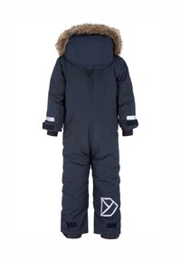 Marinblå isolerad snödräkt med huva i falsk päls, reflexdetaljer och en logotyp på vänster ben. Inkluderar justerbara muddar.