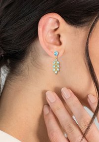Gold-tone dangle earrings featuring a cluster of light blue and turquoise stones in a leaf-like pattern, accentuating the wearer’s ear.