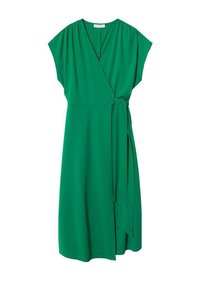 Vestido envolvente verde hecho de una tela suave. Cuenta con mangas cortas, un escote en forma de V y un lazo en la cintura. El dobladillo cae por encima de la rodilla.