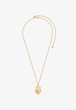 Collar de cadena de oro con cierre ajustable y colgante redondo grabado con la letra "G" y detalles de pequeñas estrellas.