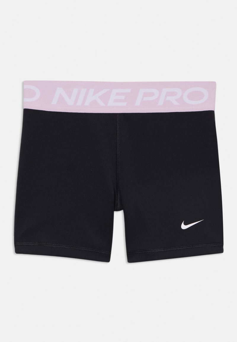 Crne sportske kratke hlače s svijetlo ružičastim elastičnim pojasom na kojem je natpis "NIKE PRO". Mali bijeli Nike logo nalazi se na donjem prednjem dijelu. Glatka tekstura.