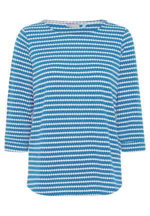 Blau-weiß gestreiftes Oberteil mit kastiger Form, Rundhalsausschnitt und 3/4-Ärmeln. Aus einem weichen, strukturierten Stoff gefertigt.