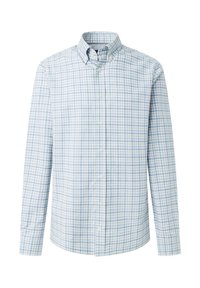 Light blue and white checkered long-sleeve shirt with a button-down collar, featuring a regular fit and soft textile texture.