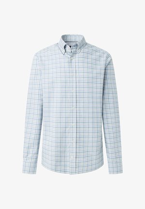 Hellblau und weiß kariertes Langarmhemd mit Button-Down-Kragen, reguläre Passform und weichem Textilgefühl.