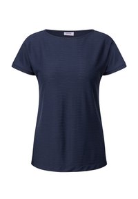 Camiseta de manga corta azul marino con escote redondo y un sutil patrón texturizado. Fabricada con una tela suave y ligera; corte relajado.