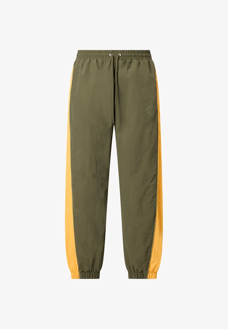 Olivengrønne træningsbukser med gule sidelister, elastisk talje, snor til at stramme, elastiske manchetter og diskret logo på det øverste ben.