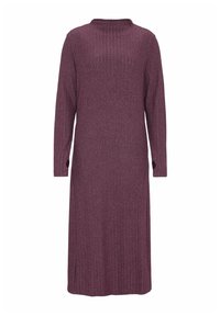Langärmliges, geripptes Strickkleid in tiefburgunderrot, mit einem hohen Kragen und seitlichen Schlitzen, versehen mit Knopf-Akzenten an den Ärmeln.