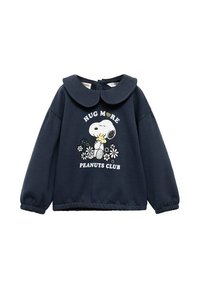 Námornícky modrá mikina s okrúhlym golierom, grafický potlač s Snoopy, kvetmi a textom "HUG MORE PEANUTS CLUB." Mäkká látka s elastickými manžetami.