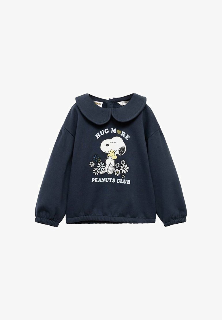 Felpa blu navy con collo rotondo, stampa grafica di Snoopy, fiori e testo "ABBRACCIA DI PIÙ CLUB PEANUTS". Tessuto morbido con polsini elasticizzati.