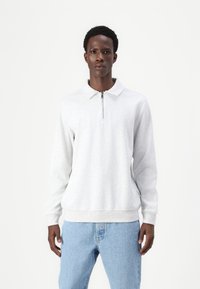 Lichtgrijze ritshoodie met een kraag, lange mouwen, ribgebreide manchetten en een rechte zoom, gecombineerd met lichtblauwe jeans.