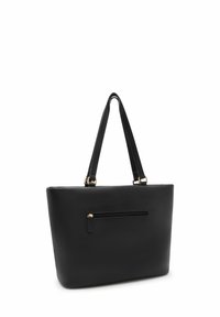Black leather tote bag with smooth texture, rectangular shape, two long handles, and a zippered front pocket featuring gold hardware accents.