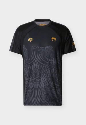 Short-sleeve black athletic shirt with a textured dark graphic design. Features gold logos on the chest and right sleeve. Lightweight fabric.