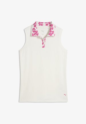 Polo smanicata bianca con colletto floreale rosa, dotata di una patta con tre bottoni e un piccolo logo rosa sull'orlo. Tessuto dalla texture liscia.