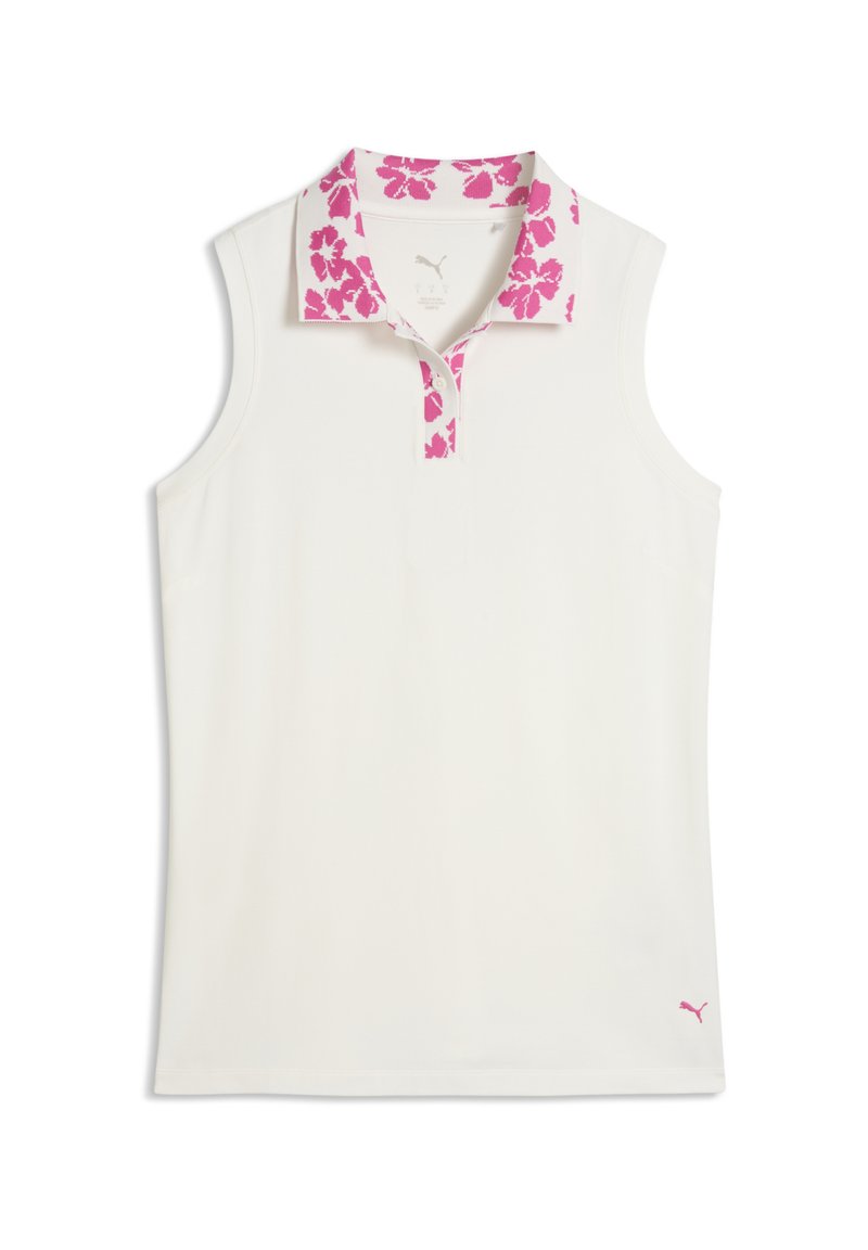 Αμάνικη πόλο μπλούζα σε λευκό με ροζ φλοράλ γιακά, με τρία κουμπιά και μικρό ροζ λογότυπο στο τελείωμα. Ομαλή υφή.