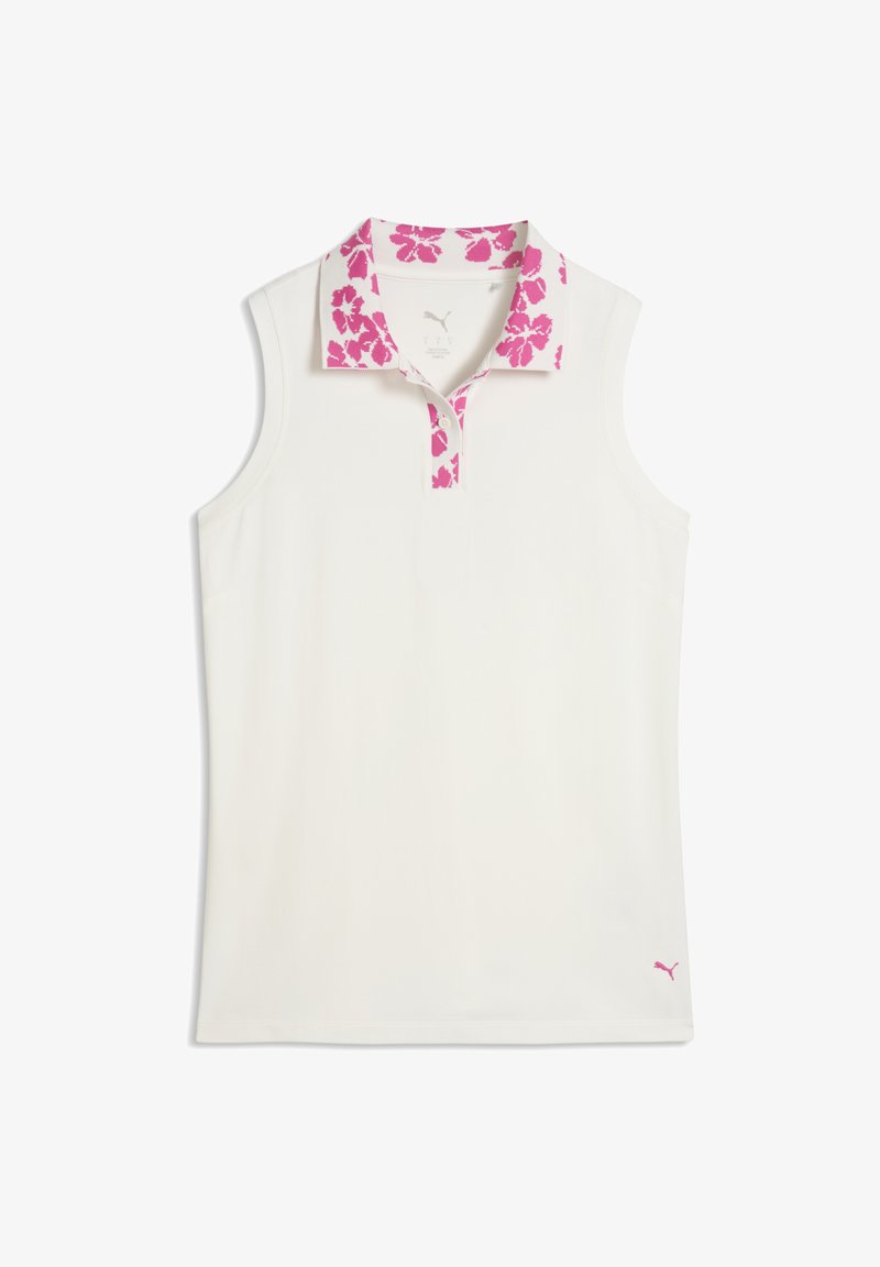 Αμάνικη πόλο μπλούζα σε λευκό με ροζ φλοράλ γιακά, με τρία κουμπιά και μικρό ροζ λογότυπο στο τελείωμα. Ομαλή υφή.