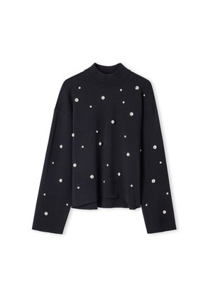 Maglione nero a pullover con maniche lunghe, collo alto, caratterizzato da un tessuto a maglia testurizzato e decorazioni argentate collocate in modo irregolare.