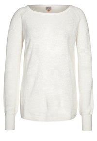 Weißer, gestrickter Pullover mit Rundhalsausschnitt und langen Ärmeln. Texturierter Stoff mit gerippten Bündchen und Saum. Lässige Passform.