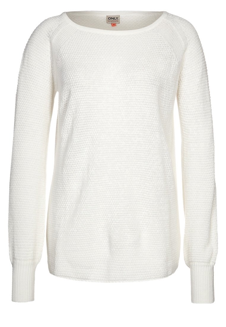 Weißer, gestrickter Pullover mit Rundhalsausschnitt und langen Ärmeln. Texturierter Stoff mit gerippten Bündchen und Saum. Lässige Passform.