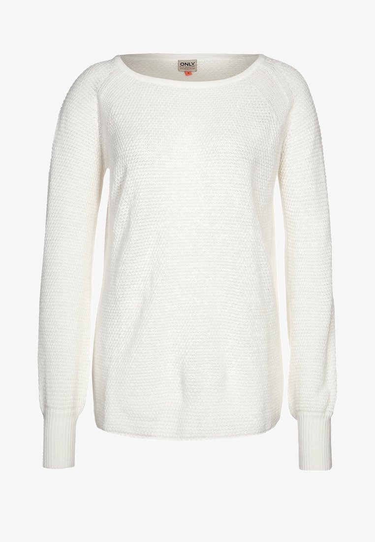 Weißer, gestrickter Pullover mit Rundhalsausschnitt und langen Ärmeln. Texturierter Stoff mit gerippten Bündchen und Saum. Lässige Passform.