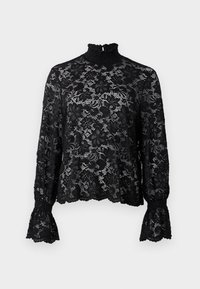 Top em renda preta com gola alta, mangas longas e punhos abertos. Apresenta um padrão floral e um acabamento texturizado. Leve e semi-transparente.