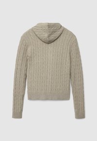 Beige Kapuzensweater mit strukturiertem Zopfmuster, gerippten Bündchen und Saum sowie einer taillierten Silhouette. Rückansicht dargestellt.