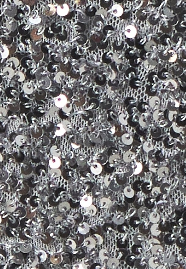 Kimaltava hopeinen paljettikangas, jossa on verkkomäinen tausta. Kangas sisältää lukuisia heijastavia pyöreitä paljetteja tiheästi aseteltuna, luoden tekstuurin pinnan.