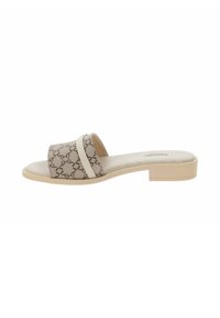 Infradito beige con un motivo testurizzato, dotati di una fascia larga e un tacco basso e squadrato. Soletta in pelle liscia con perforazioni.