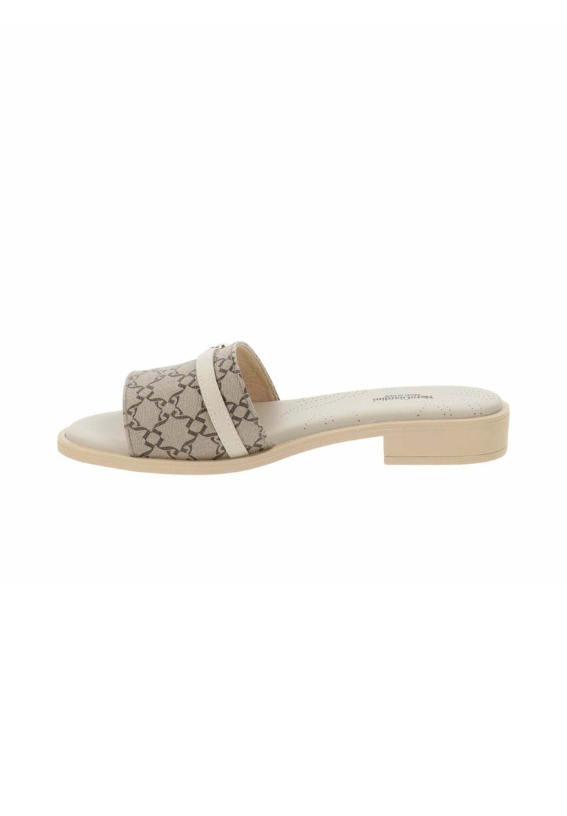 Infradito beige con un motivo testurizzato, dotati di una fascia larga e un tacco basso e squadrato. Soletta in pelle liscia con perforazioni.