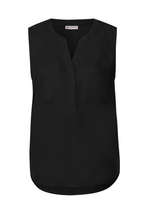 Blouse sans manches noire avec décolleté en V, deux poches avant, en tissu lisse, et ourlet droit. Convient pour une tenue décontractée.