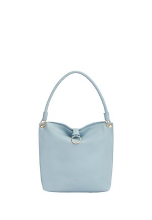 Borsa in pelle azzurra chiaro con una singola tracolla, dettaglio anello dorato al centro e anelli dorati che collegano la tracolla alla borsa.