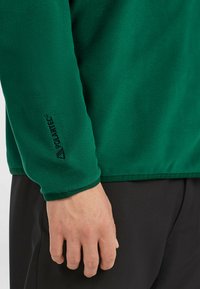 Groene Polartec fleece pullover met een gladde textuur. Heeft een gestikte zoom en een merklogo op de mouw, afgebeeld met een hand die de stof vasthoudt.