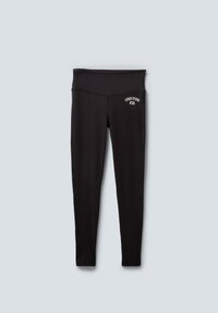 Sorte leggings med høy midje, med sømmer og en liten hvit logo ved hoften. Laget av et glatt og elastisk materiale.