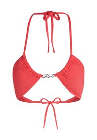 Koralska bikinska košarica s teksturiranim materijalom, trokutastim čašicama, podesivim naramenicama i kopčanjem sa vezanjem na leđima. Sadrži logotip na sredini.