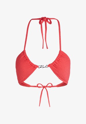 Koralen bikiniji zgornji del z teksturirano tkanino, trikotnimi skodelicami, nastavljivimi naramnicami in zapiranjem na zavezovanje. Ima logotip v središču.