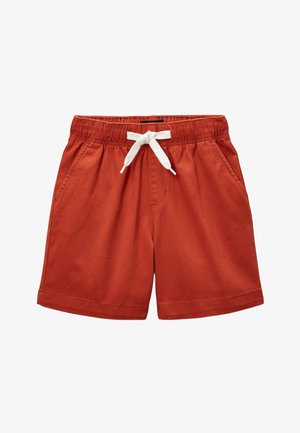 Shorts couleur rouille avec taille élastique, lien de serrage blanc et poches latérales.