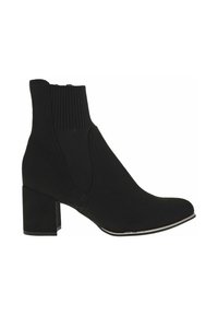 Bottes noires à la cheville avec un col en tricot côtelé, texture de tissu lisse, bout pointu et un talon épais avec un accent métallique à la base.