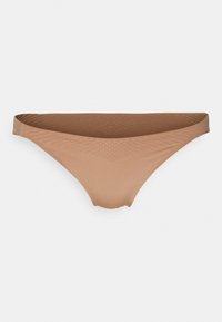 Tan bikini bottom with a smooth texture, low-rise design, and medium coverage. Features thin straps and seamless edges.
