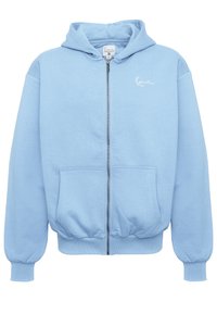 Light blue zip-up hoodie made of soft fabric, featuring a kangaroo pocket, ribbed cuffs, and a small white logo on the chest.