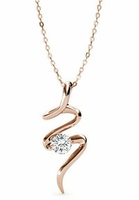 Roze gouden ketting met een gedraaide design. Bevat een centrale ronde, heldere kristal. Open kettingschakels zorgen voor een delicate, vloeiende uitstraling.