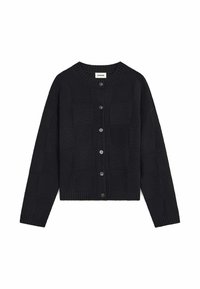 Zwarte gebreide cardigan met een vierkante textuur, ronde halslijn en een sluiting aan de voorkant met zes knopen. Geribbelde zoom en manchetten.