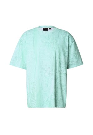 Müntroheline lahtise lõikega T-särk tekstuurse mustriga, ümmarguse kaelusega ja lühikeste varrukatega. Esiküljel tikitud logo. Pehme kangas.