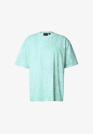 Müntroheline lahtise lõikega T-särk tekstuurse mustriga, ümmarguse kaelusega ja lühikeste varrukatega. Esiküljel tikitud logo. Pehme kangas.